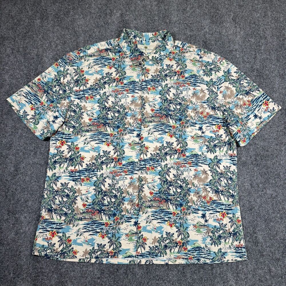 Island Shores Hawaiian Men's Size XL 100% Cotton Blue Cream Palm